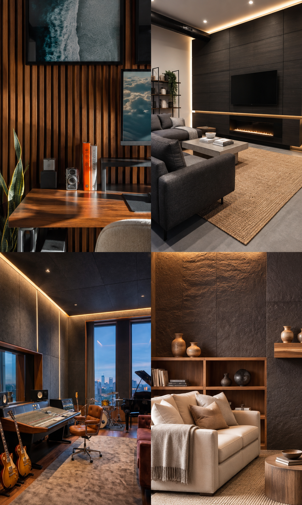 A four-panel collage showcasing modern interior design spaces: a wood-paneled home office with a desk and wall art, a dark living room with a gray sofa and TV, a music studio with instruments and large windows, and a warm-toned living room with a cream sofa and textured walls.