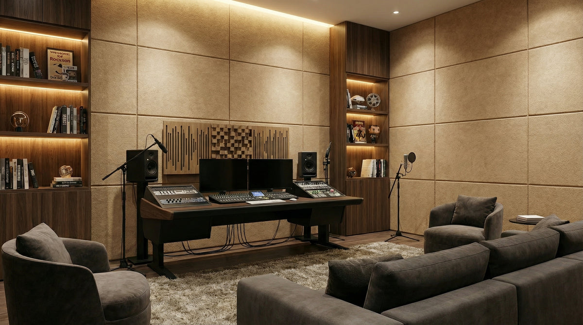 Modern home office with soundproofing panels and audio equipment