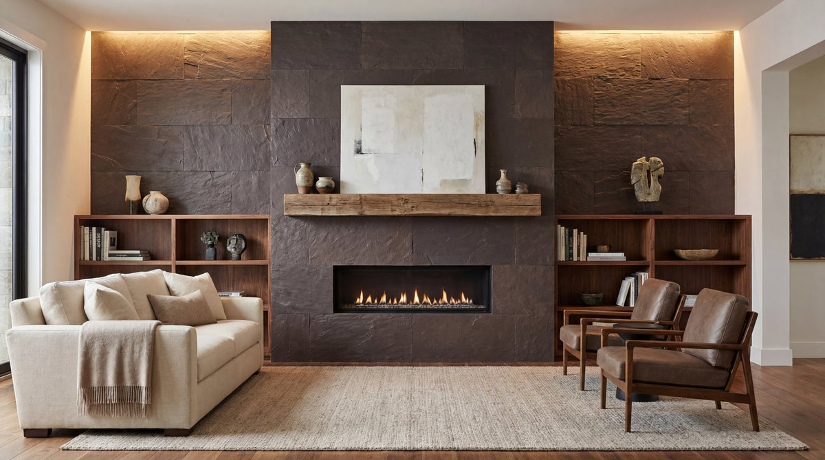 Modern living room with stone fireplace and wooden shelves.