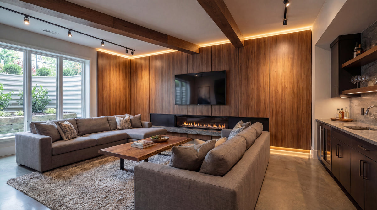 Modern living room with a sectional sofa, coffee table, and wall-mounted TV.